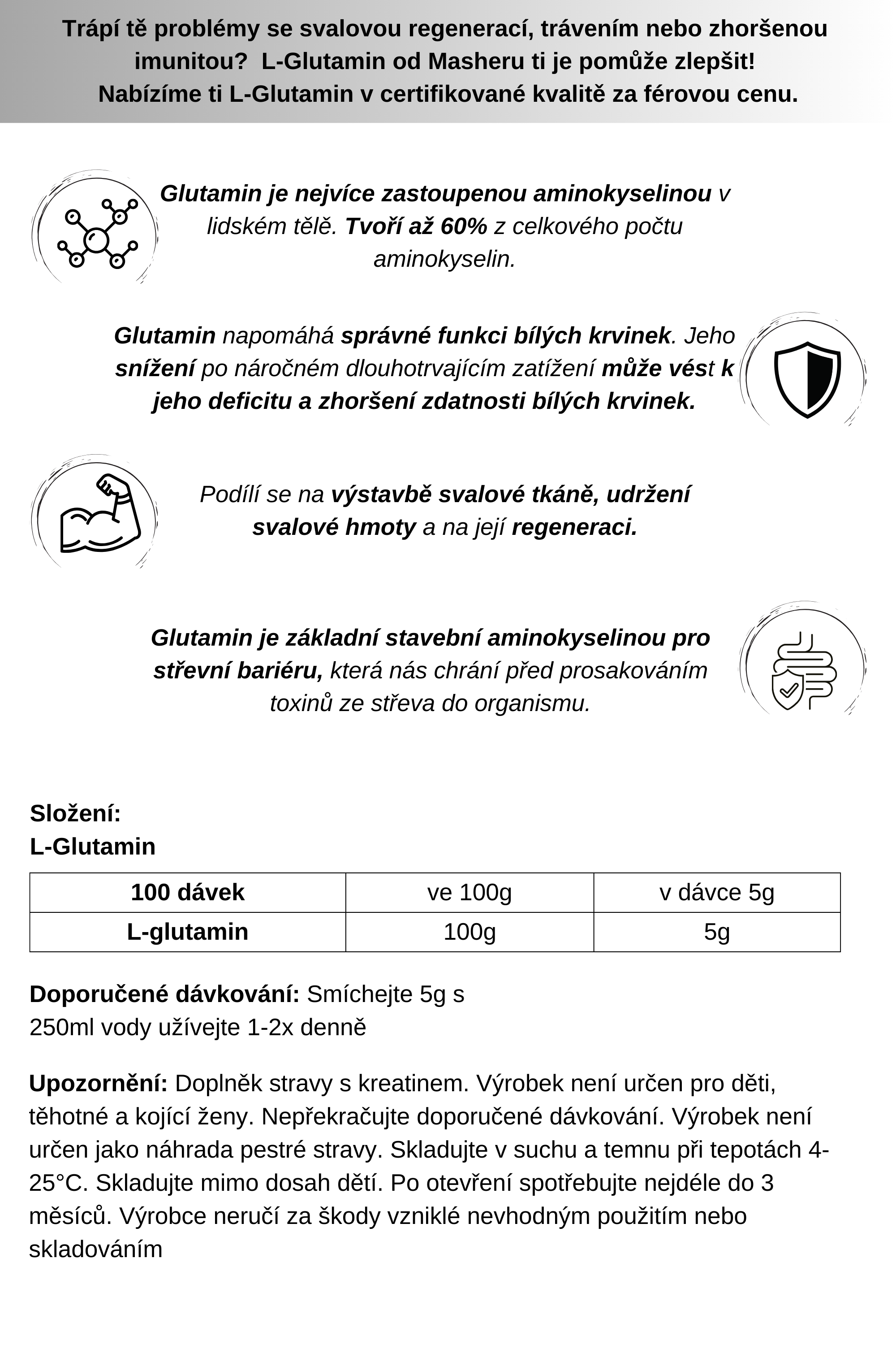 L-glutamin suplement od Masher pro zvýšení výkonu a svalové hmoty