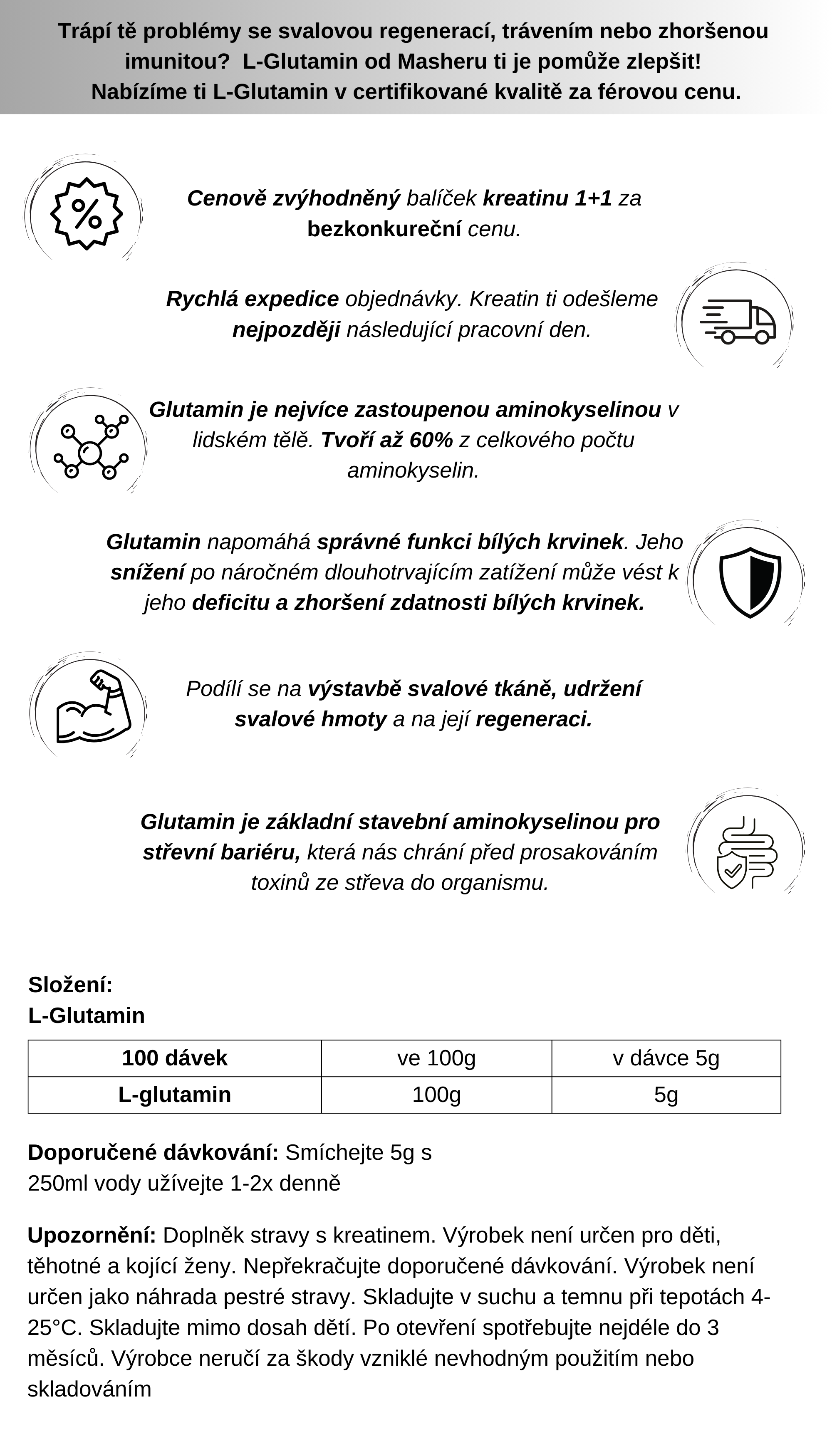L-glutamin suplement od Masher pro zvýšení výkonu a svalové hmoty 1+1 se slovou